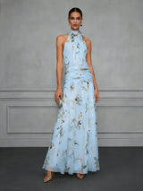 Women's Floral Halter Ruched Maxi Dress