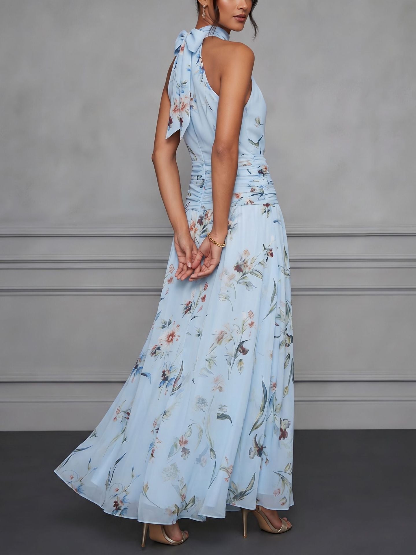 Women's Floral Halter Ruched Maxi Dress