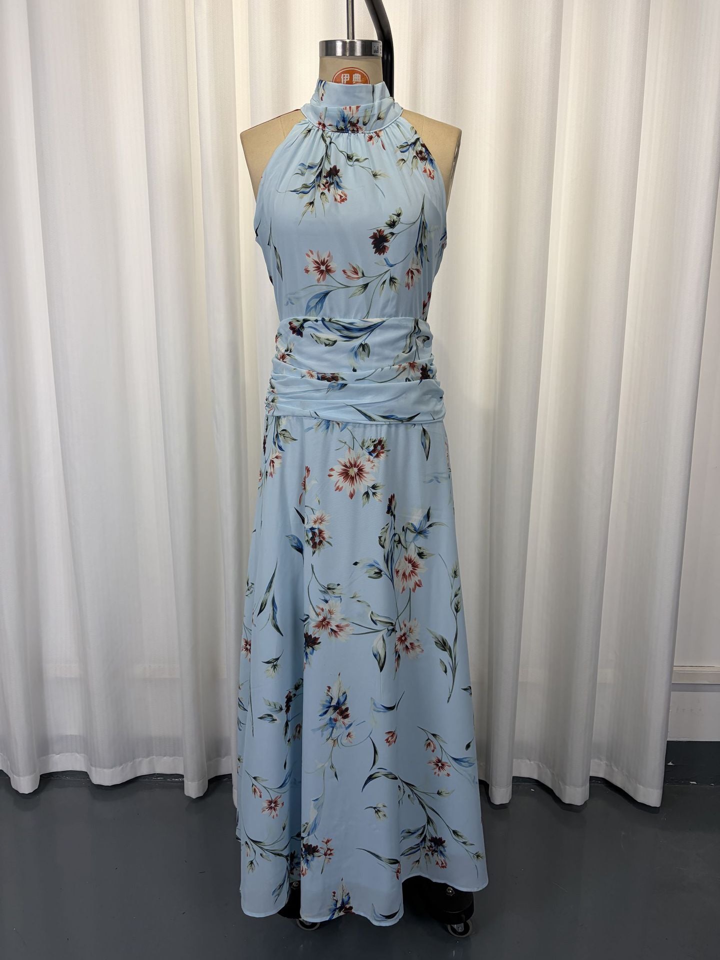 Women's Floral Halter Ruched Maxi Dress