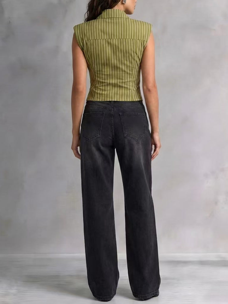 Women's Striped Collared Crop Vest Top