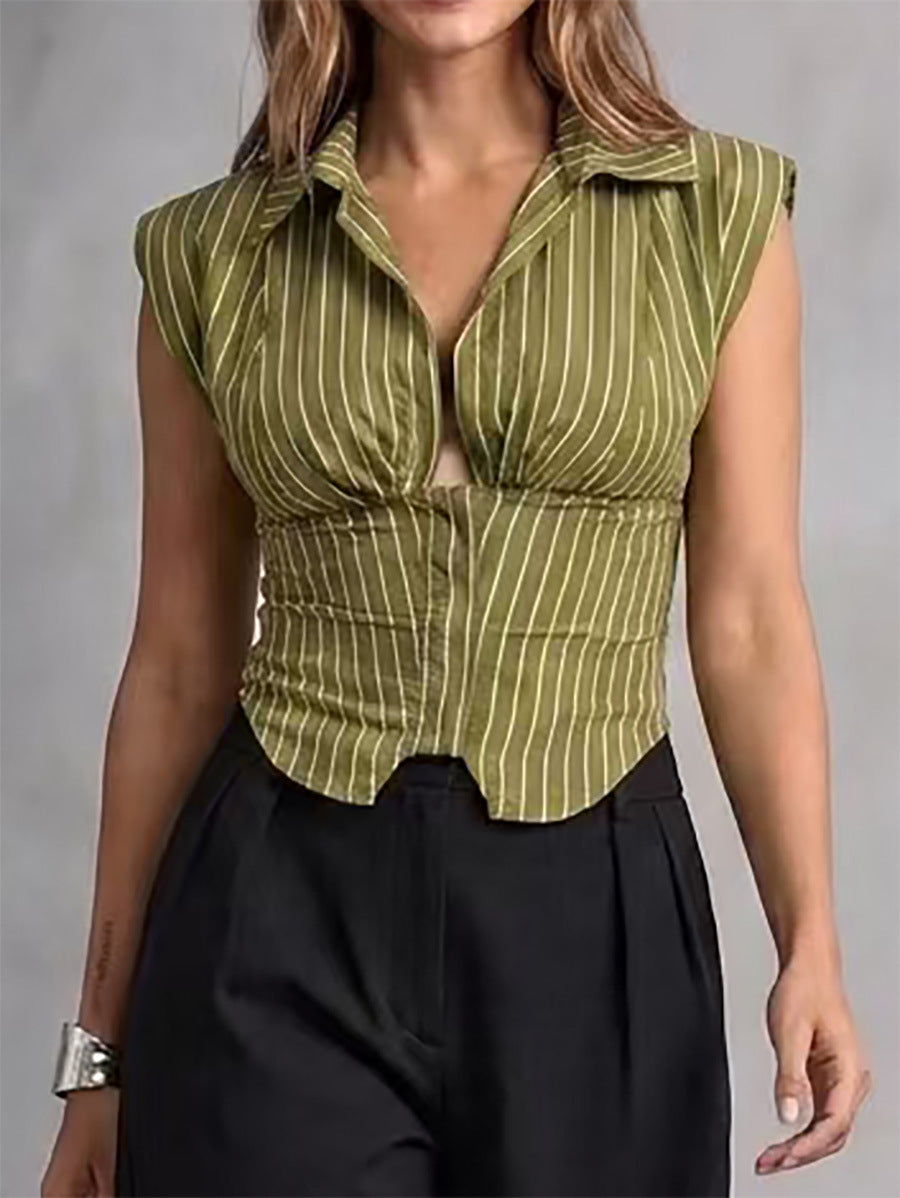 Women's Striped Collared Crop Vest Top