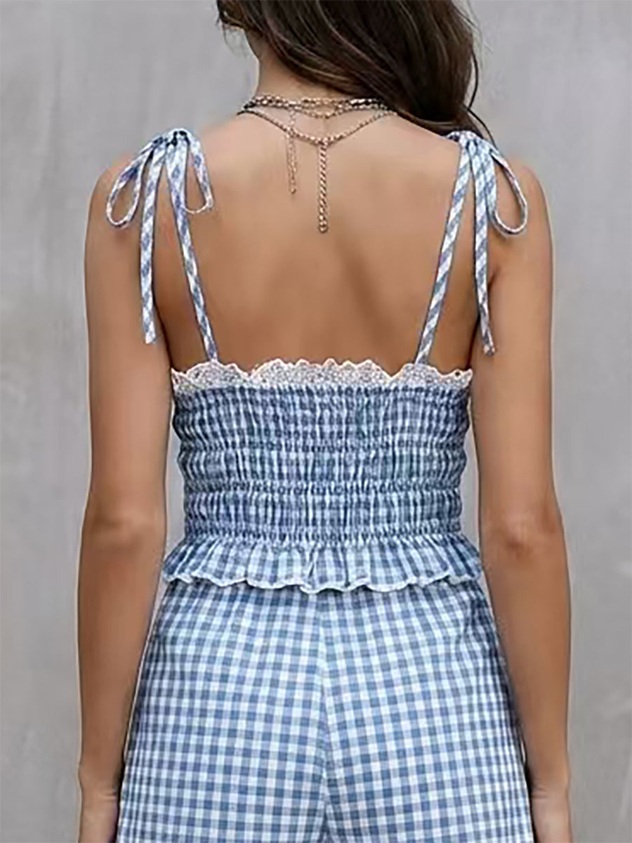 Women's Gingham Lace Trim Cami Top