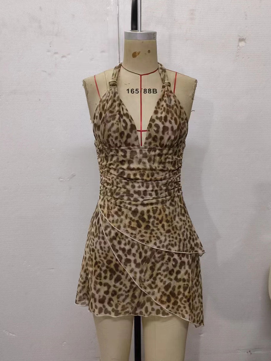 Women's Leopard Print Halter Mini Dress
