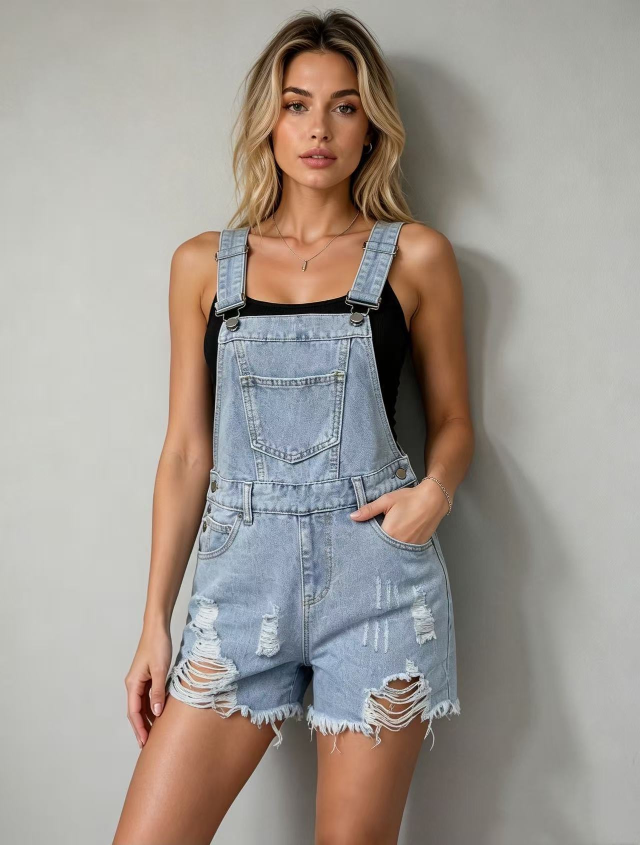 Women's Distressed Denim Romper