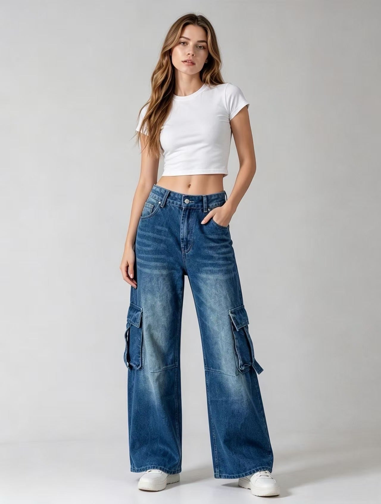 Women's Wide Leg Cargo Denim Jeans