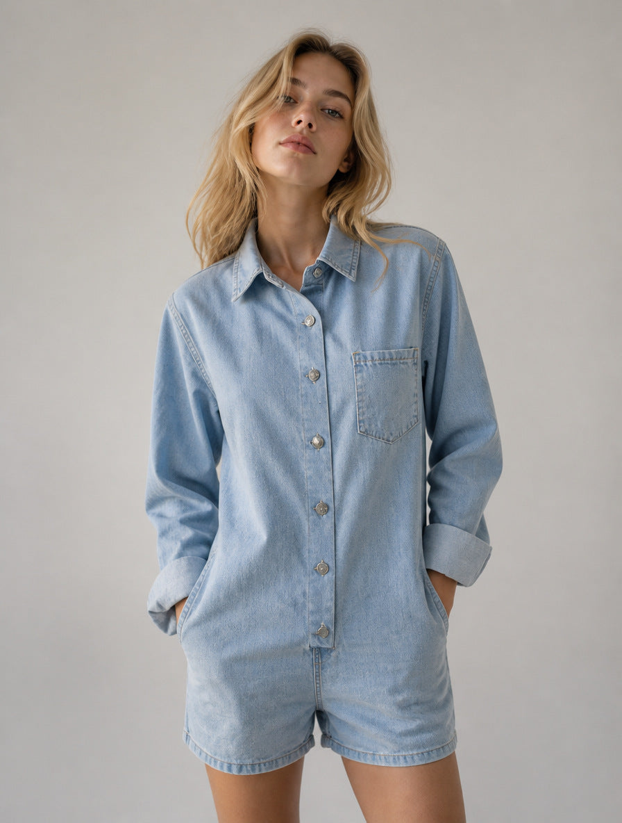 Women's Long Sleeve Denim Romper