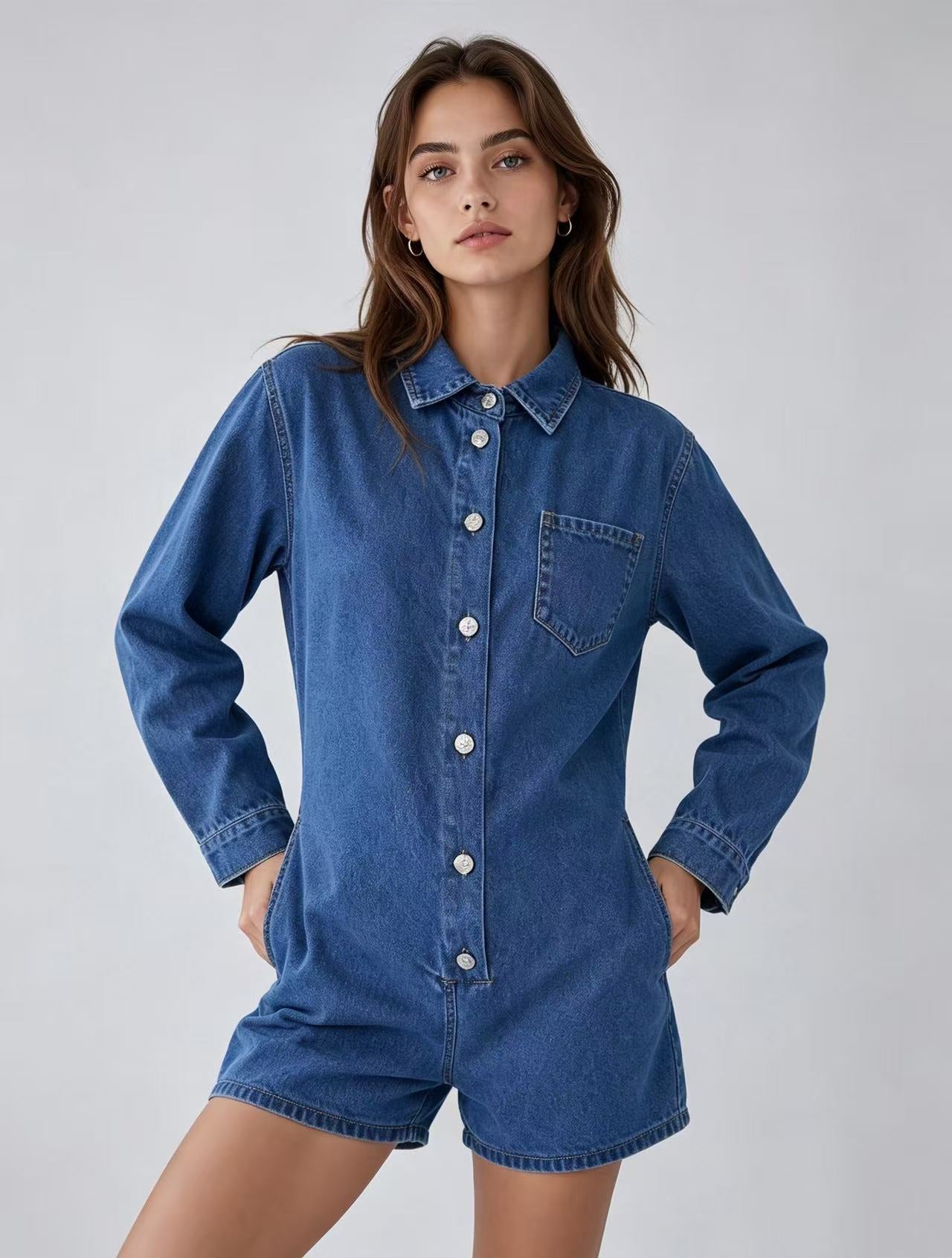 Women's Long Sleeve Denim Romper