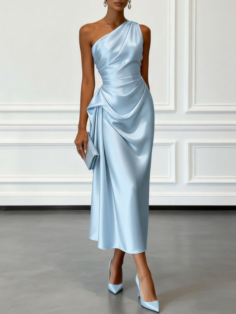 Women's One-Shoulder Satin Midi Dress