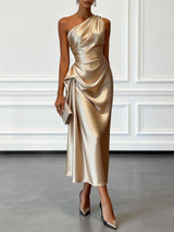 Women's One-Shoulder Satin Midi Dress