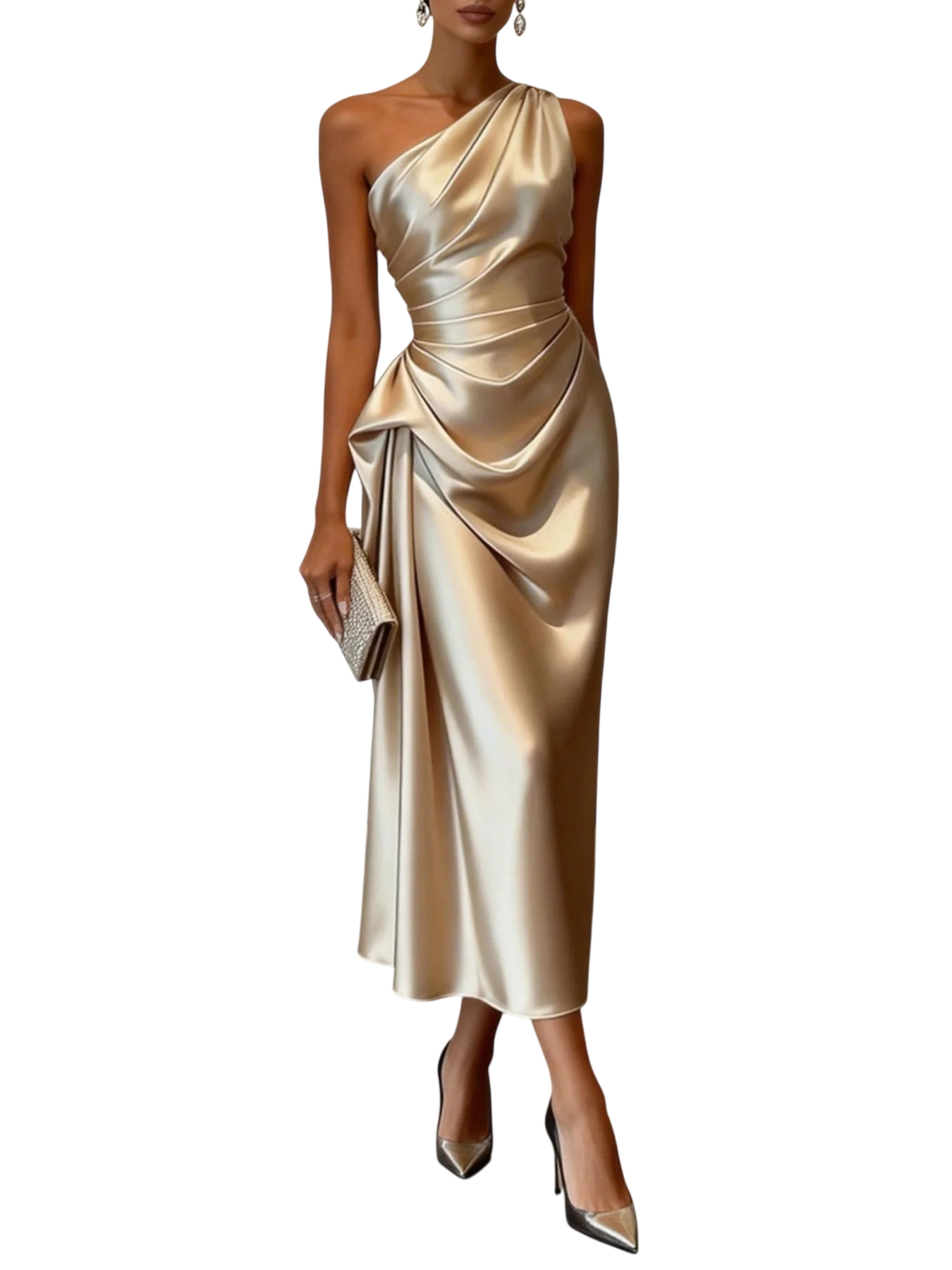 Women's One-Shoulder Satin Midi Dress