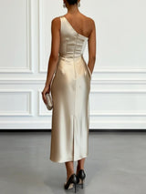 Women's One-Shoulder Satin Midi Dress