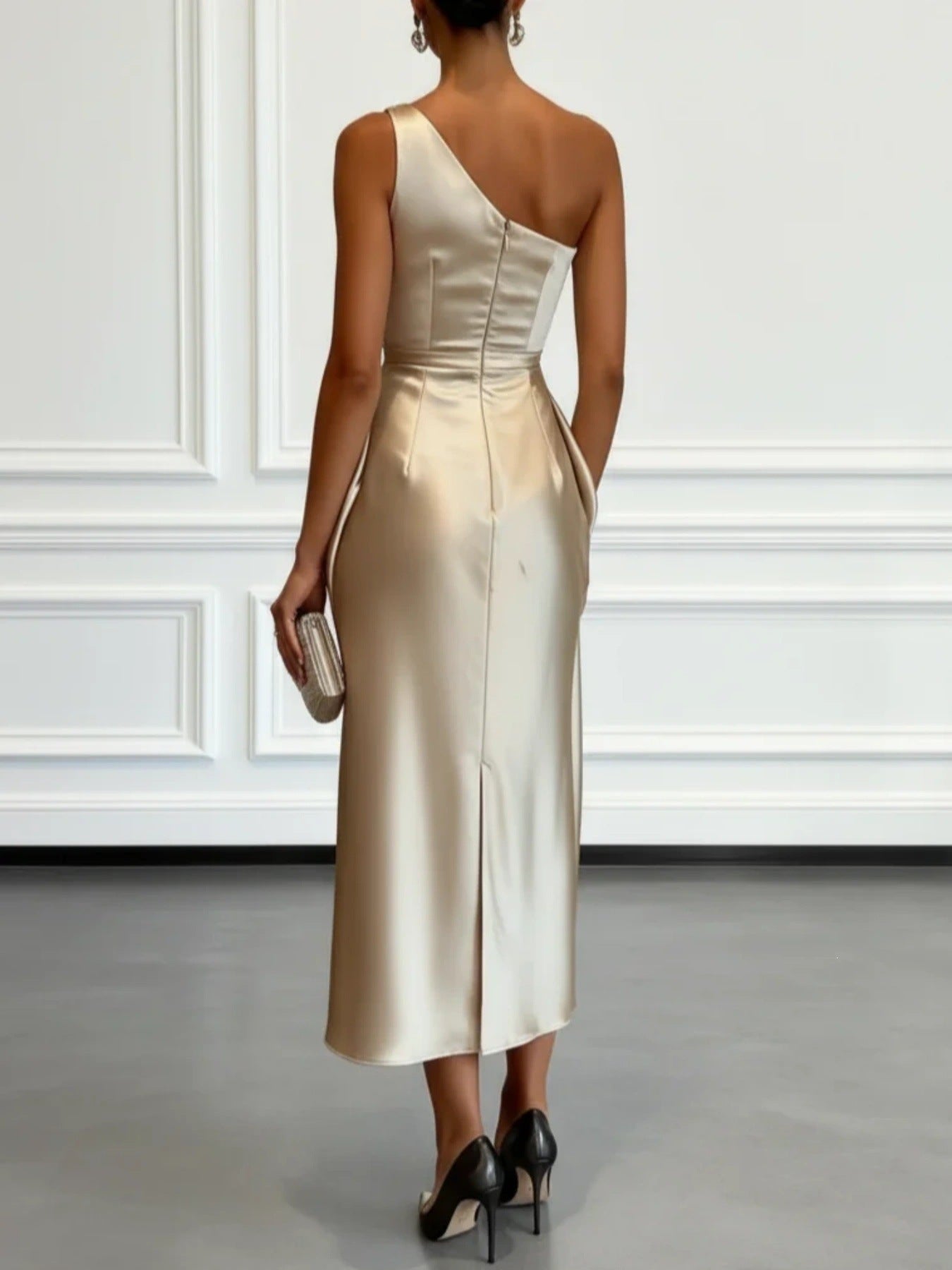 Women's One-Shoulder Satin Midi Dress