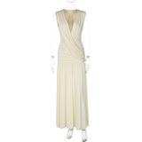 Women's Plunge Neck Pleated Maxi Dress