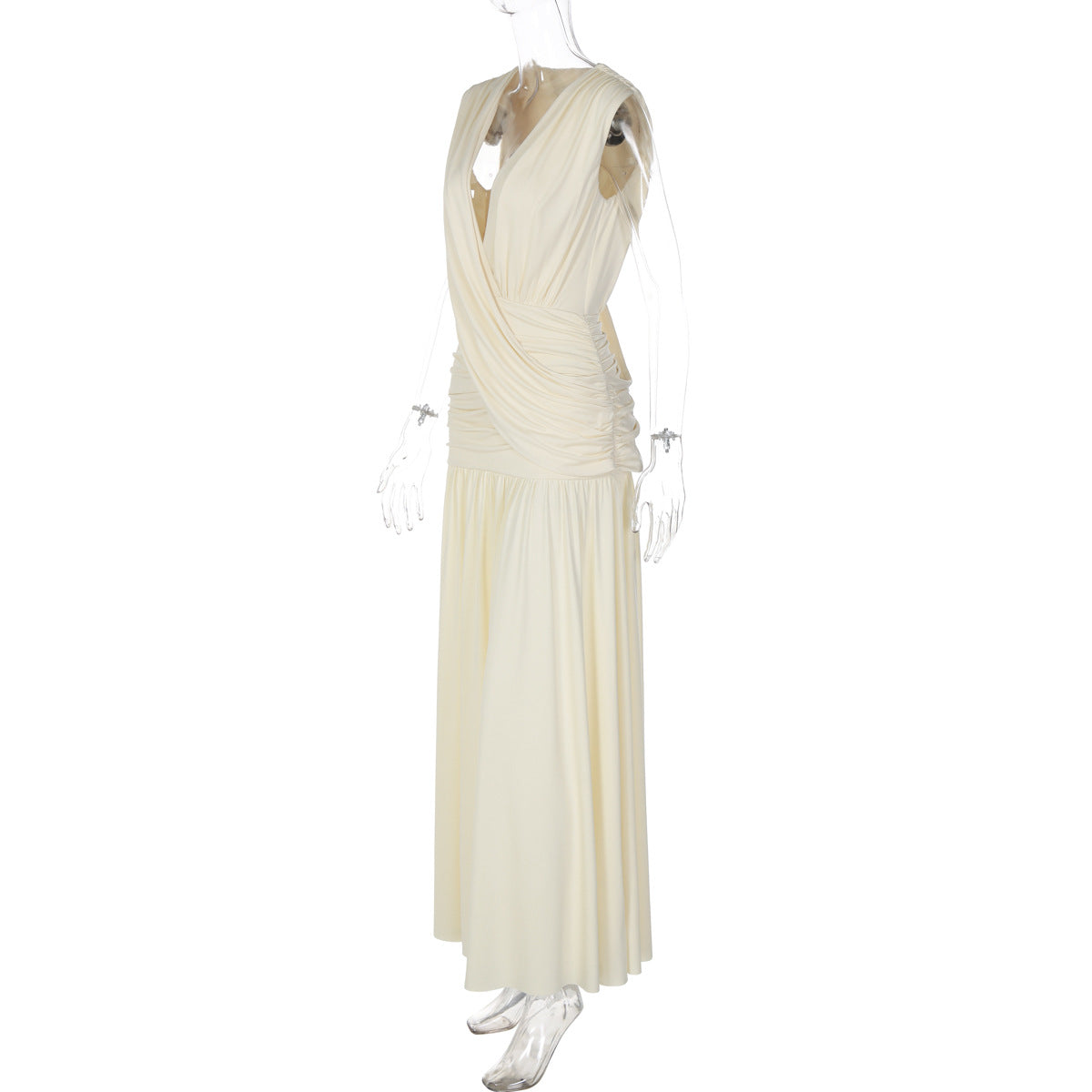 Women's Plunge Neck Pleated Maxi Dress