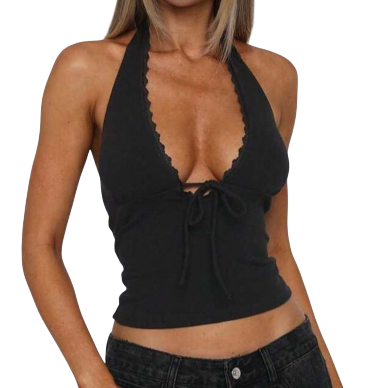 Women's Halter Lace Trim Crop Top