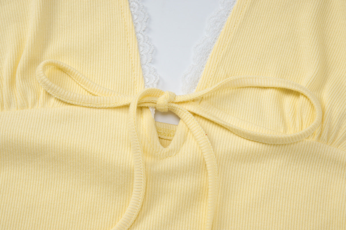 Women's Halter Lace Trim Crop Top