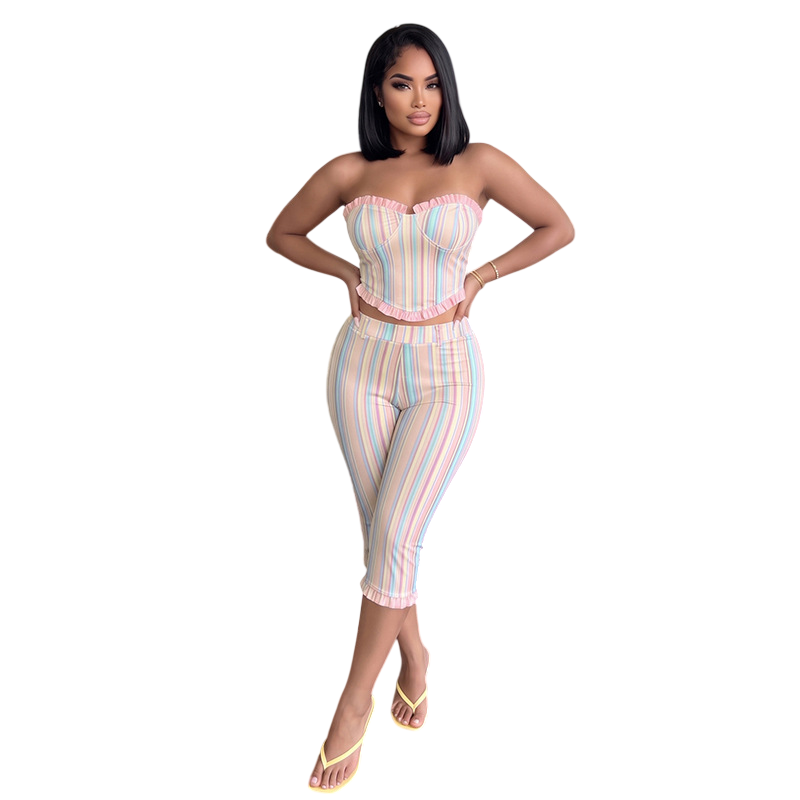 Women's Strapless Stripe Capri Set