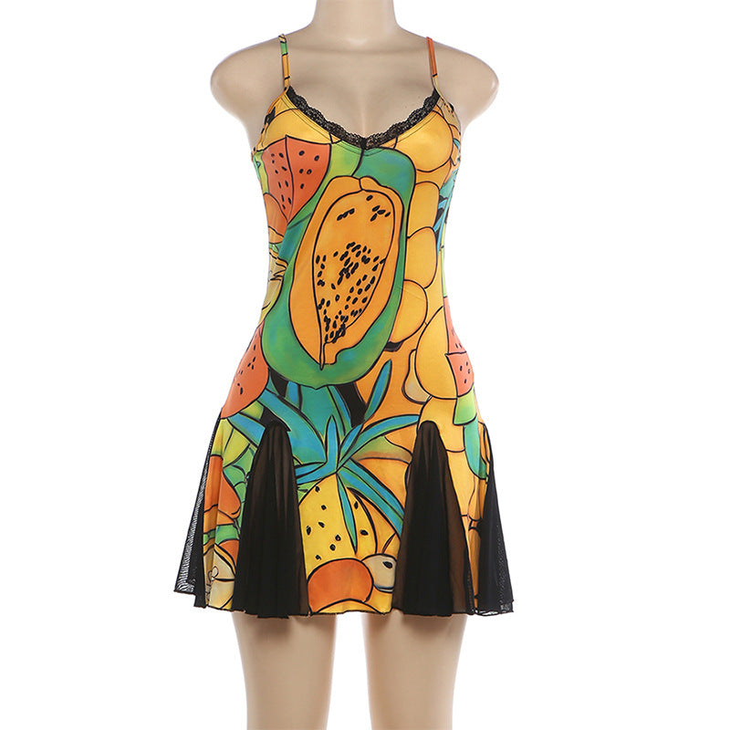 Women's Printed Lace Trim Mini Dress