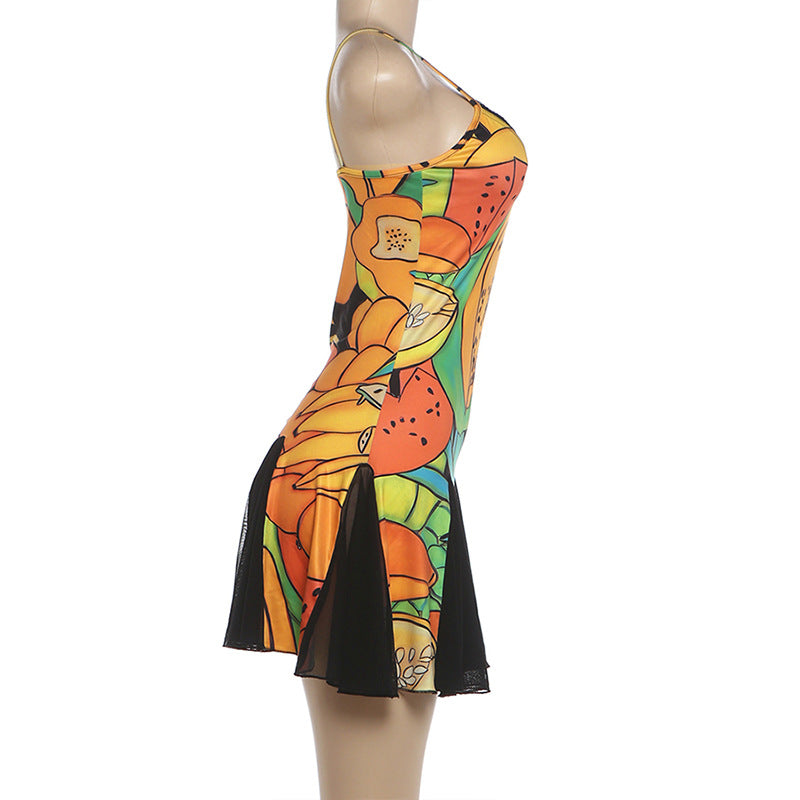 Women's Printed Lace Trim Mini Dress