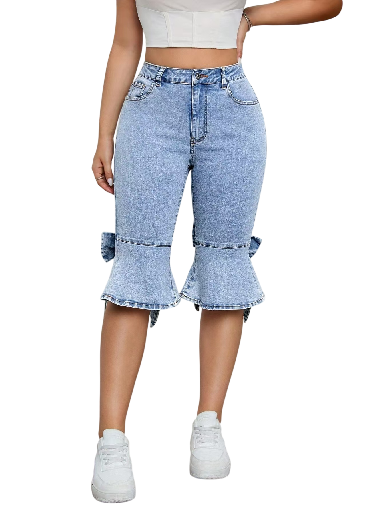Women's Ruffle Hem Denim Capri Jeans