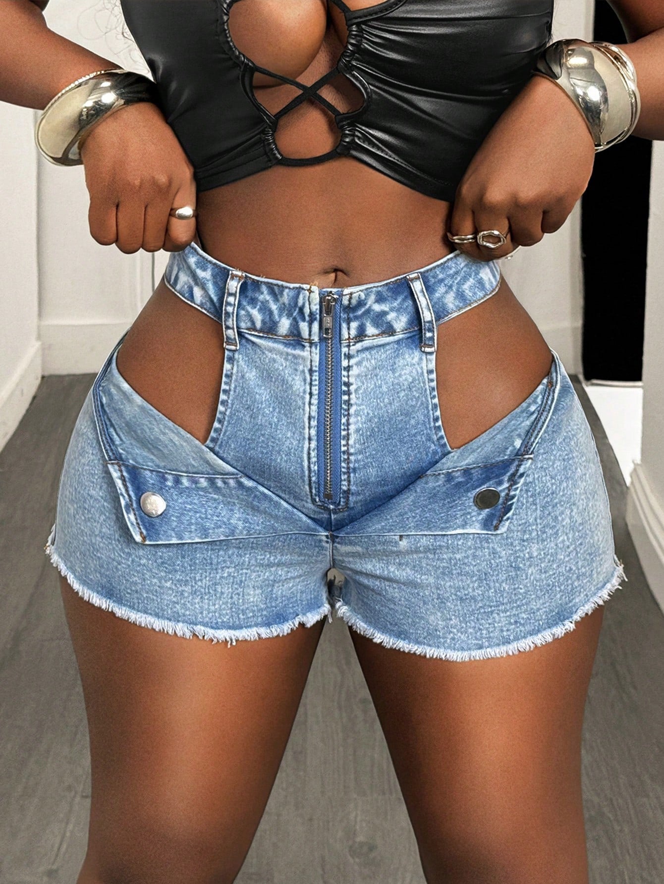 Women's Cutout High Waist Denim Shorts