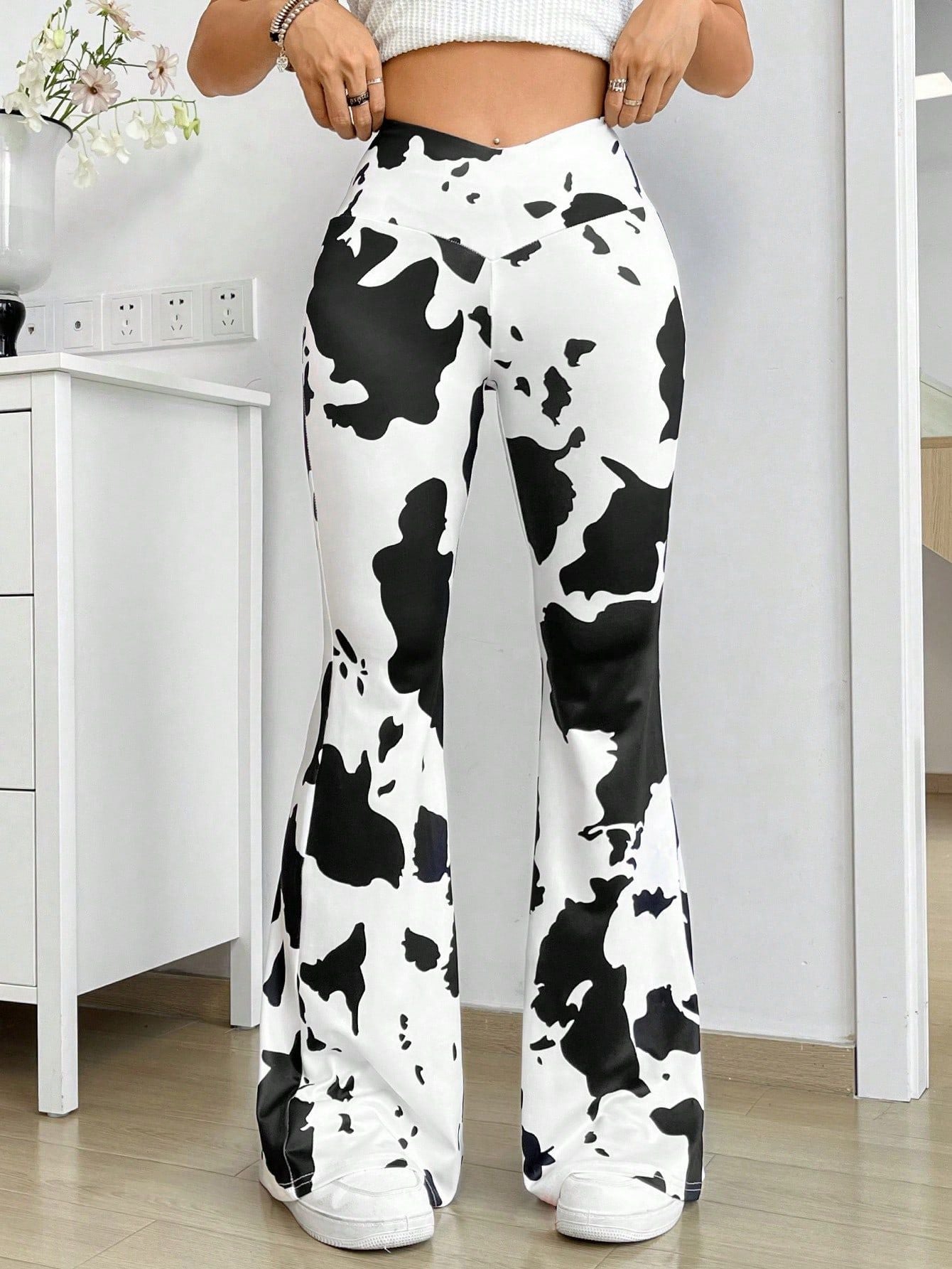 Women's Cow Print Flare Pants