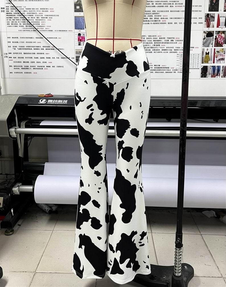 Women's Cow Print Flare Pants