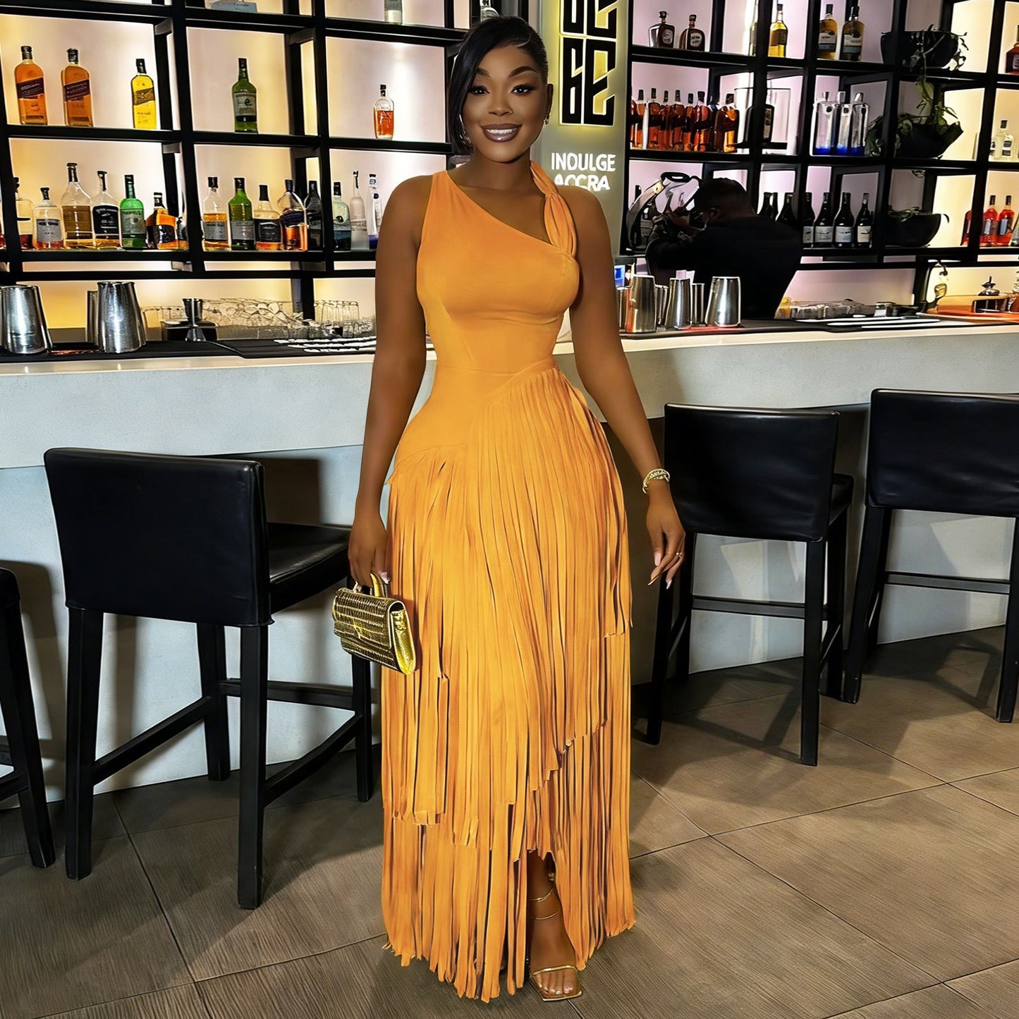 Women's Pleated Maxi Dress with Halter Neck