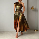 Women's One Shoulder Pleated Maxi Dress