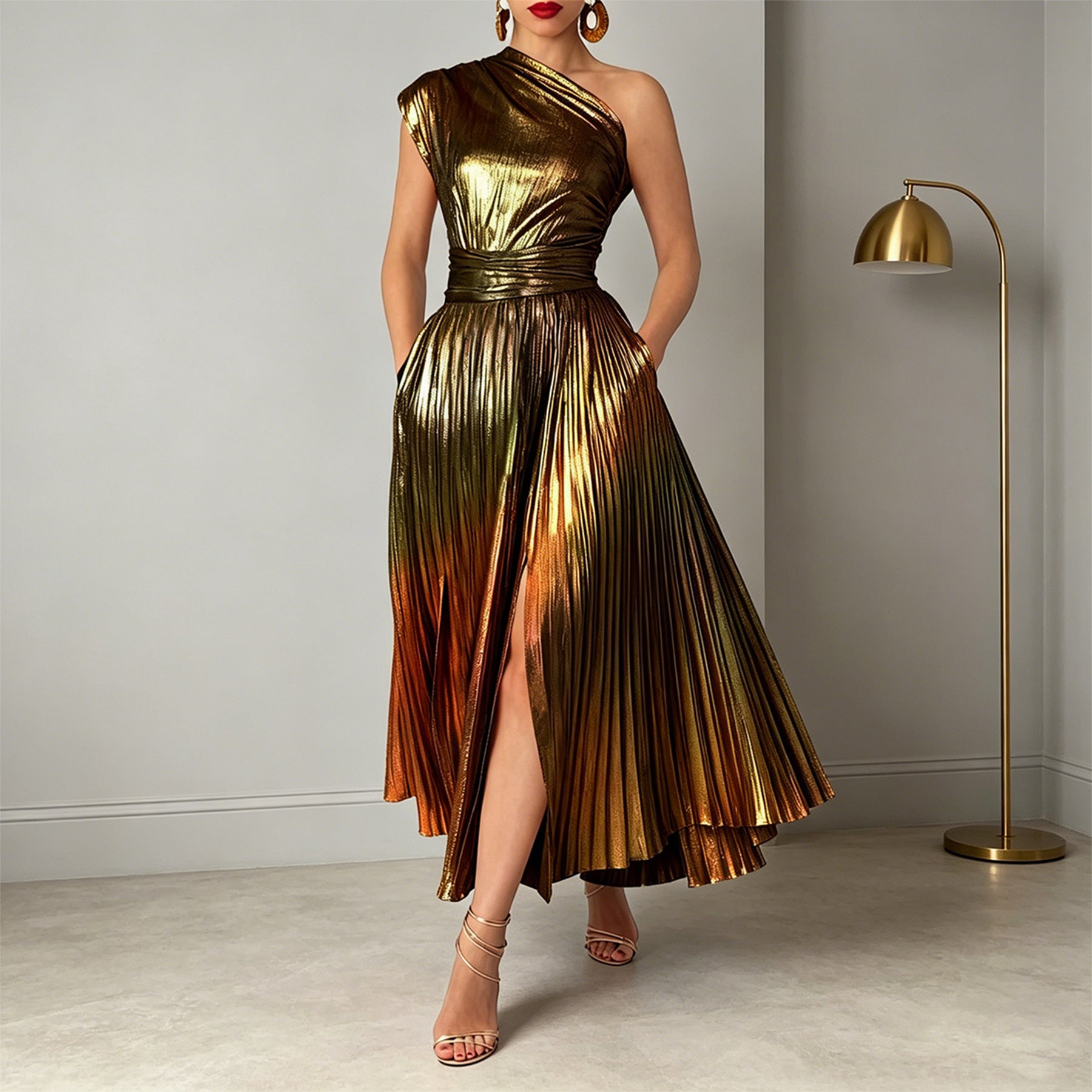 Women's One Shoulder Pleated Maxi Dress