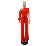 Women's One Shoulder Belted Wide Leg Jumpsuit