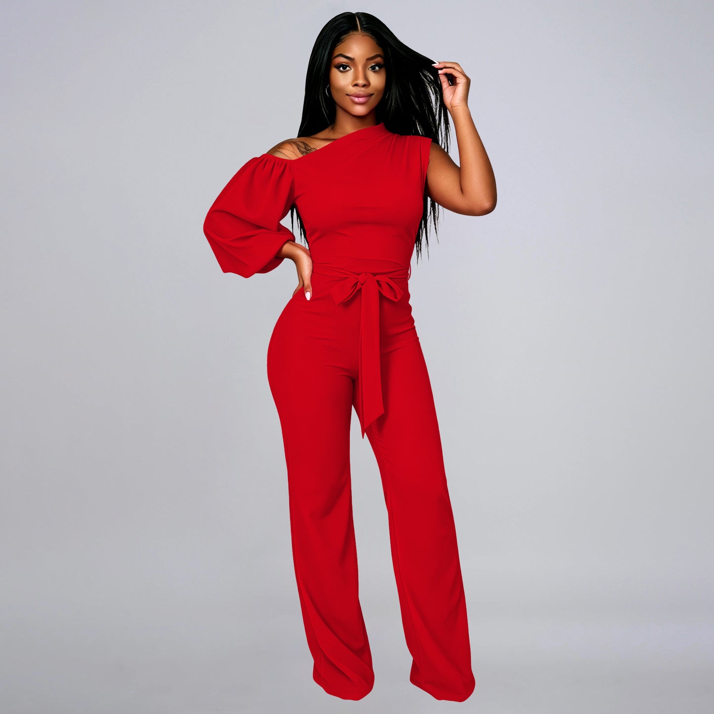Women's One Shoulder Belted Wide Leg Jumpsuit