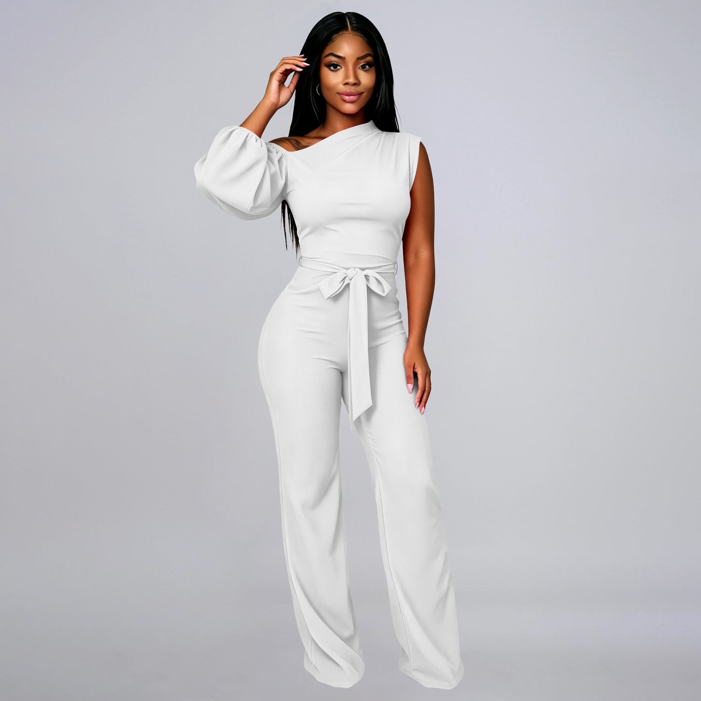 Women's One Shoulder Belted Wide Leg Jumpsuit