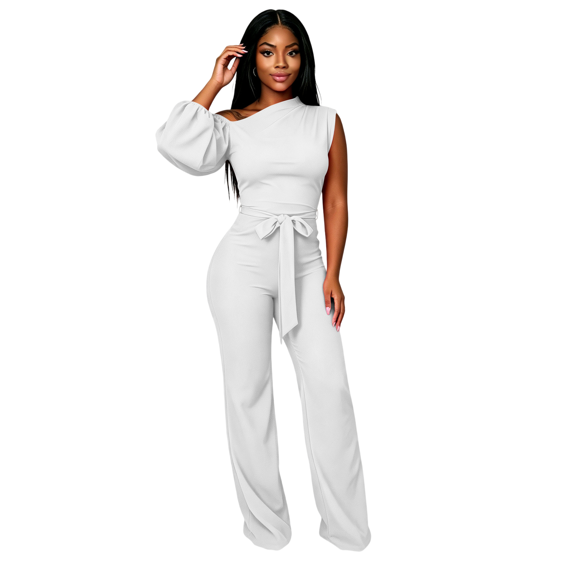 Women's One Shoulder Belted Wide Leg Jumpsuit