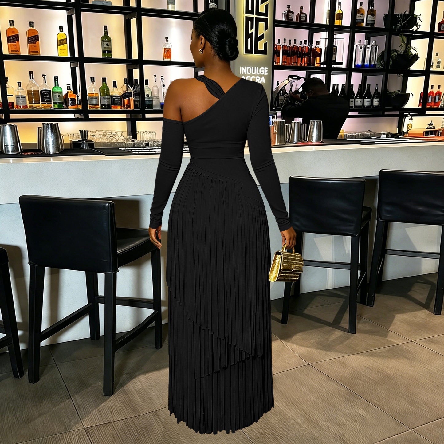 Women's Pleated Long Sleeve Maxi Dress