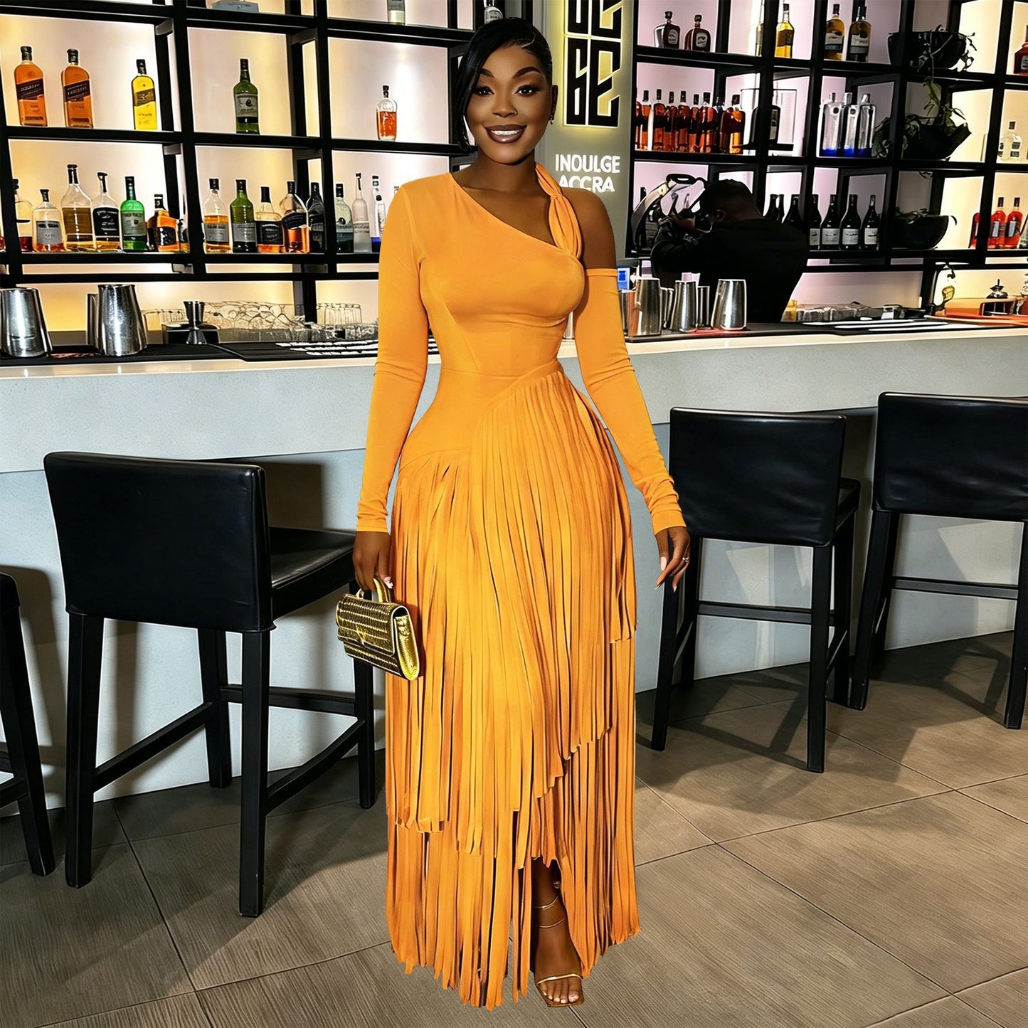 Women's Pleated Long Sleeve Maxi Dress