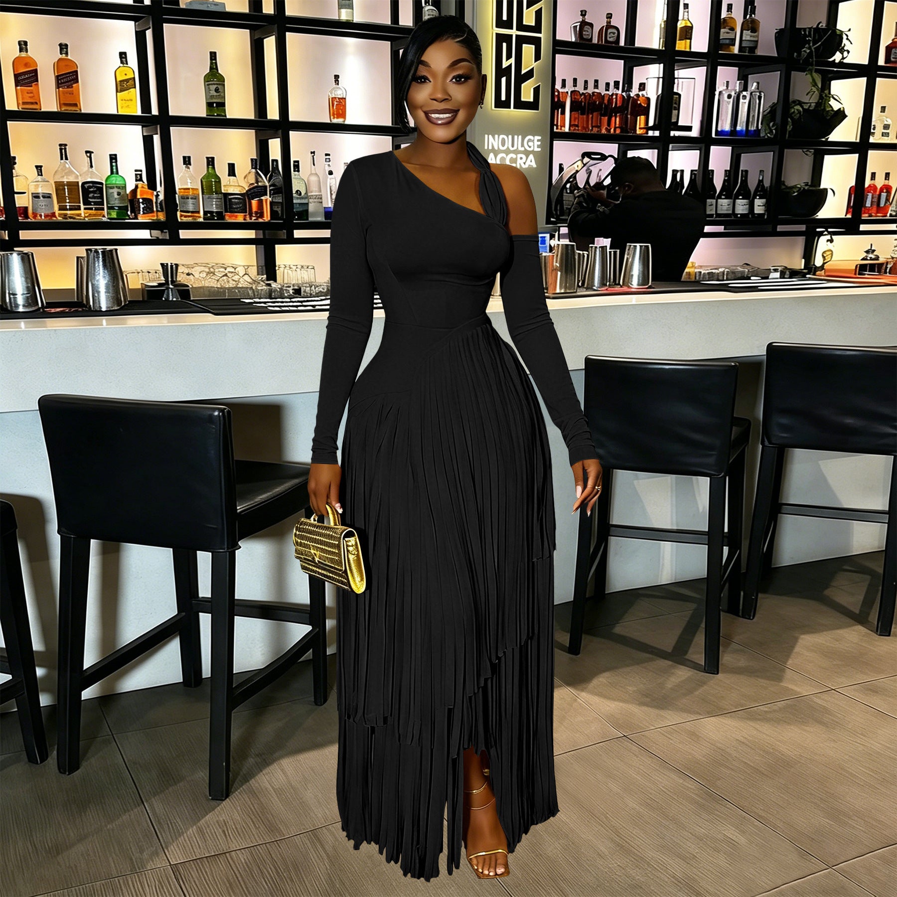 Women's Pleated Long Sleeve Maxi Dress