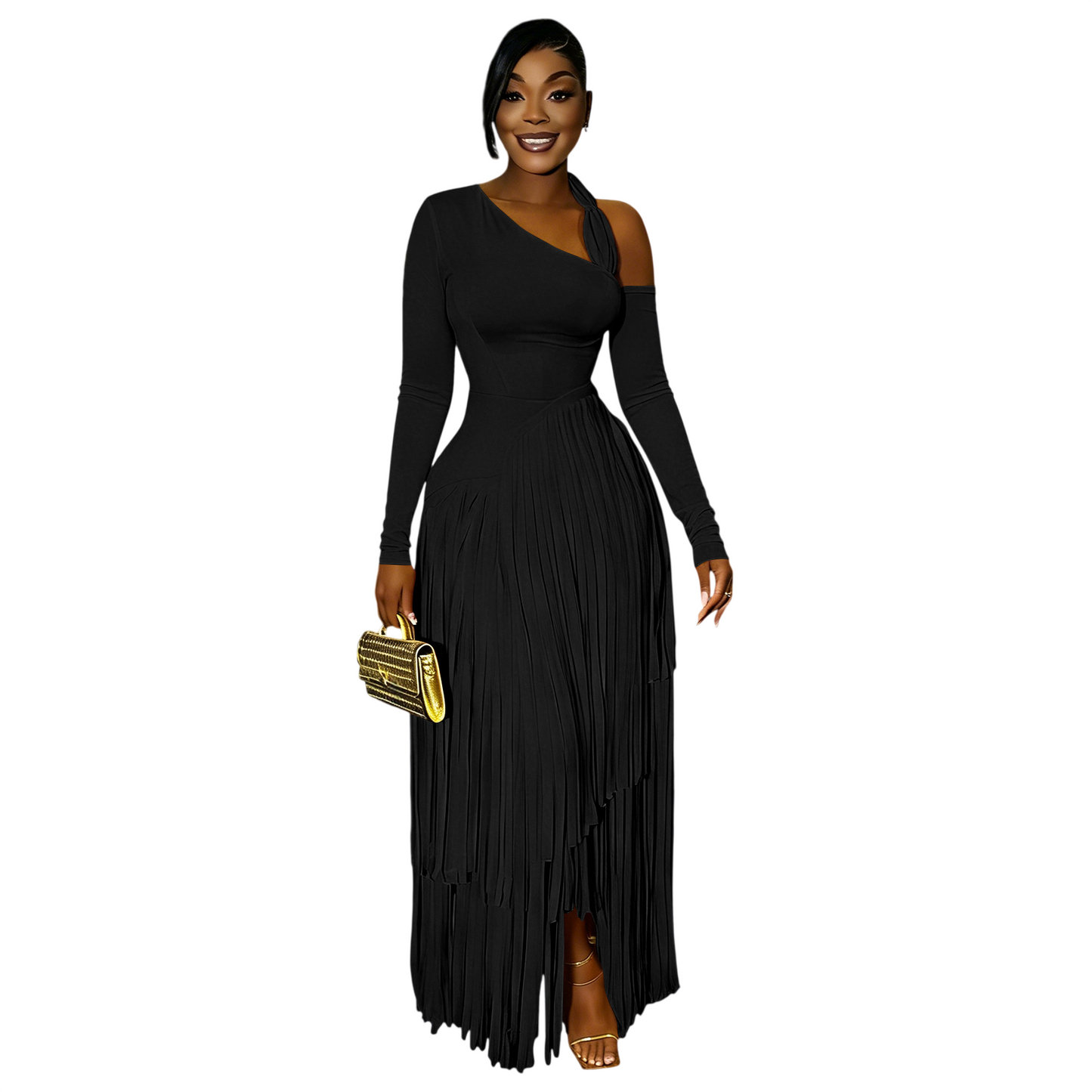 Women's Pleated Long Sleeve Maxi Dress