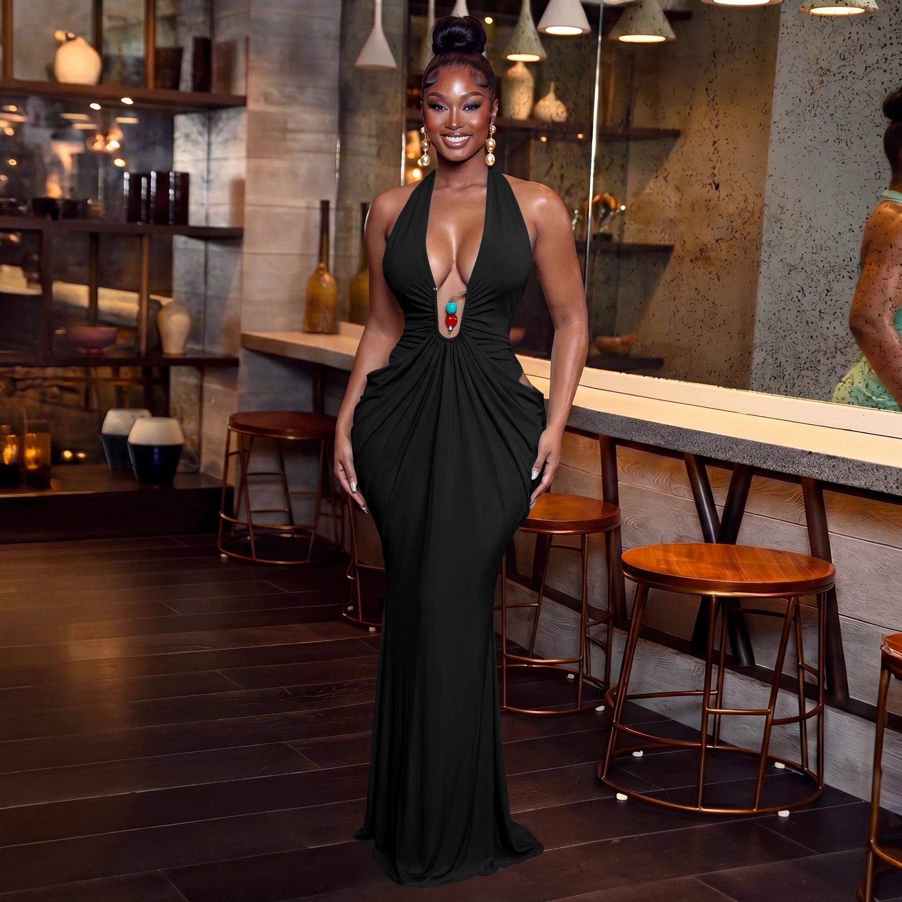 Women's Halter Neck Ruched Maxi Dress