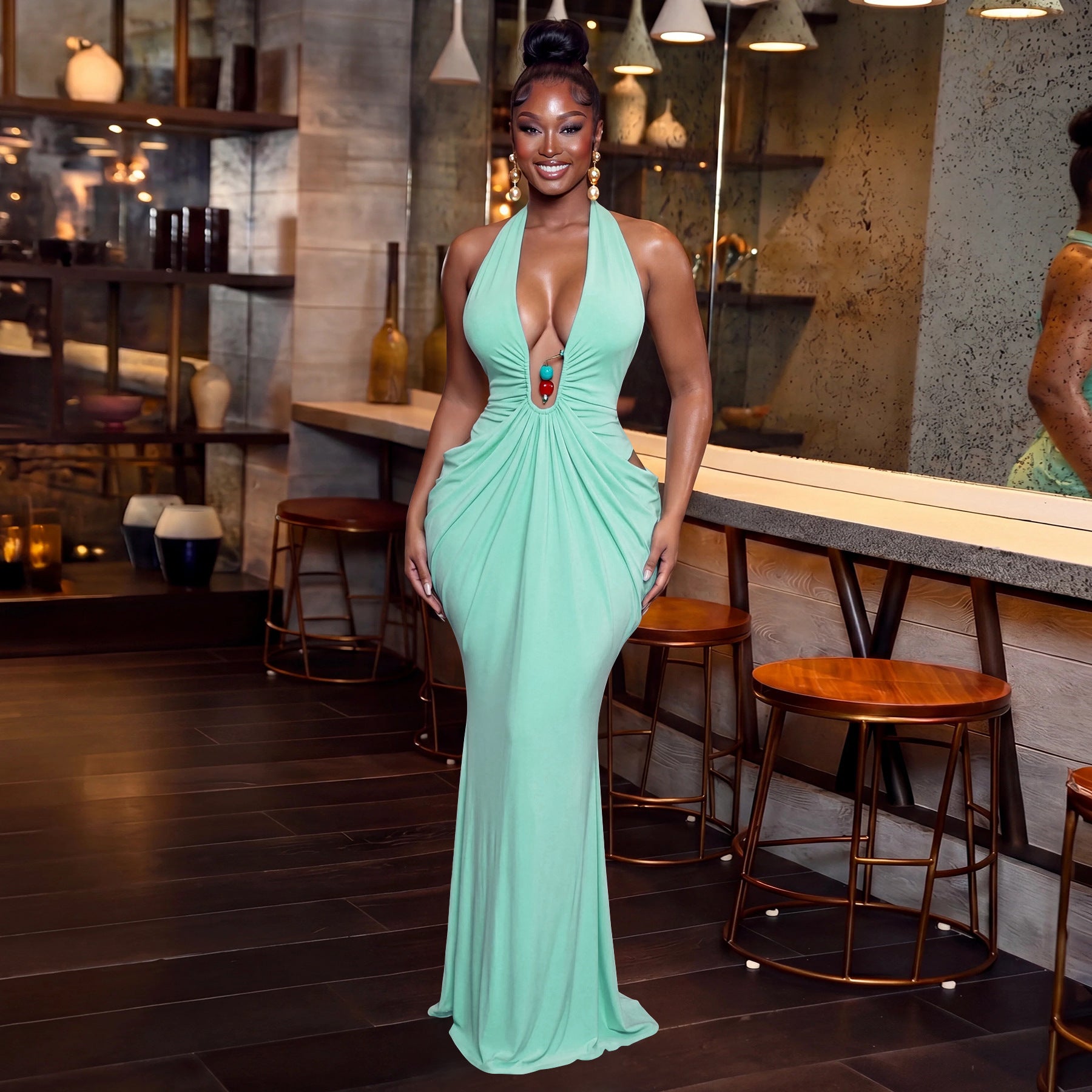 Women's Halter Neck Ruched Maxi Dress