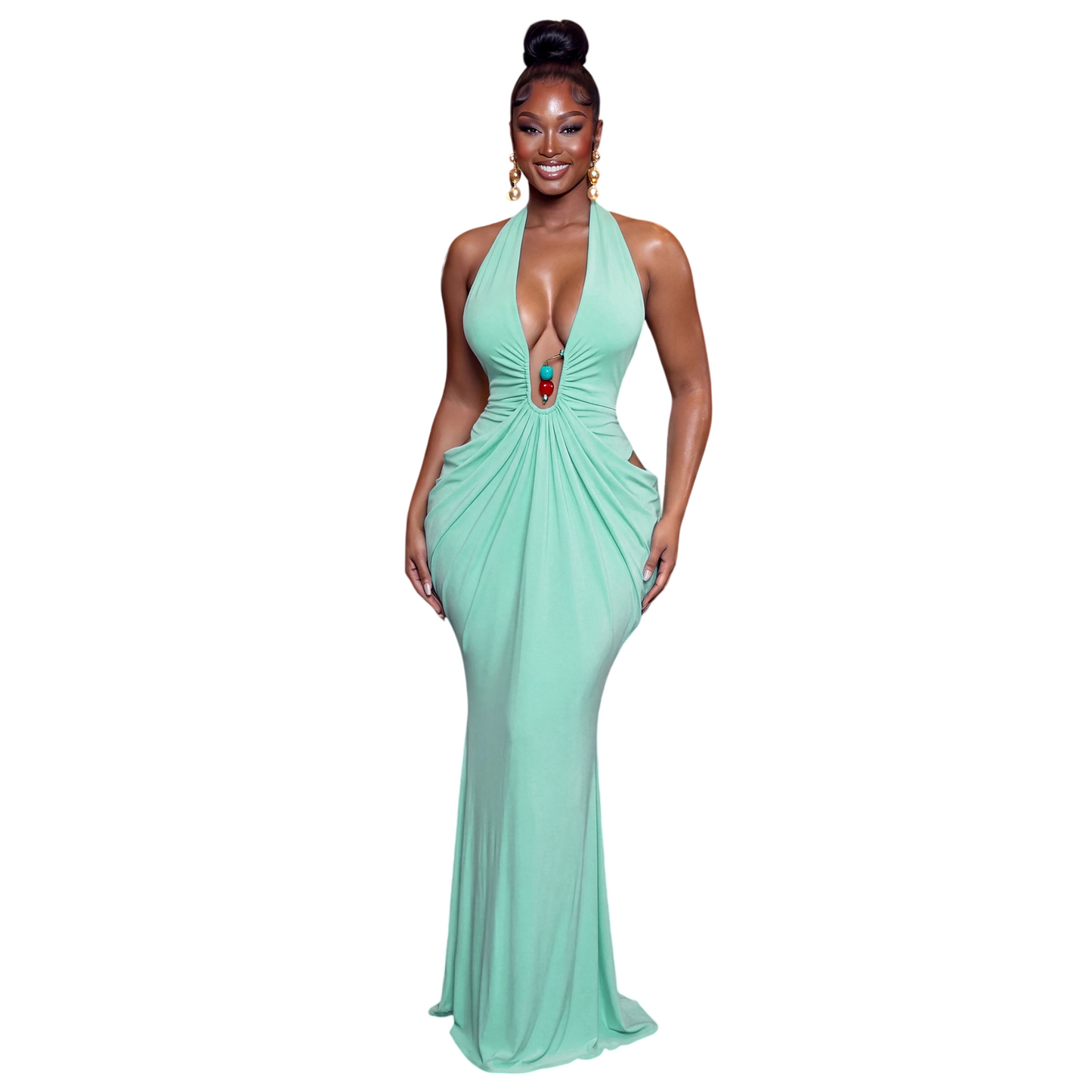 Women's Halter Neck Ruched Maxi Dress