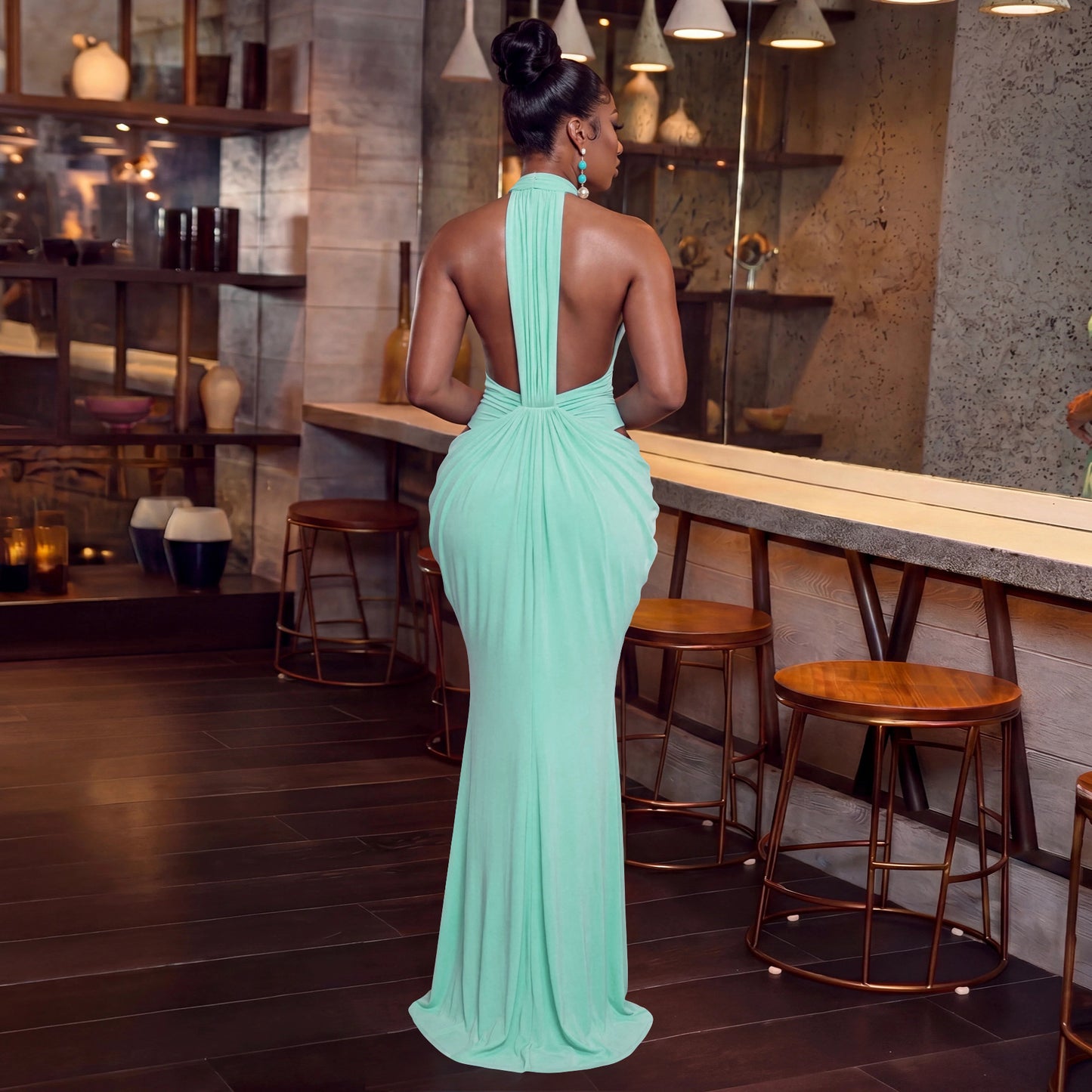 Women's Halter Neck Ruched Maxi Dress