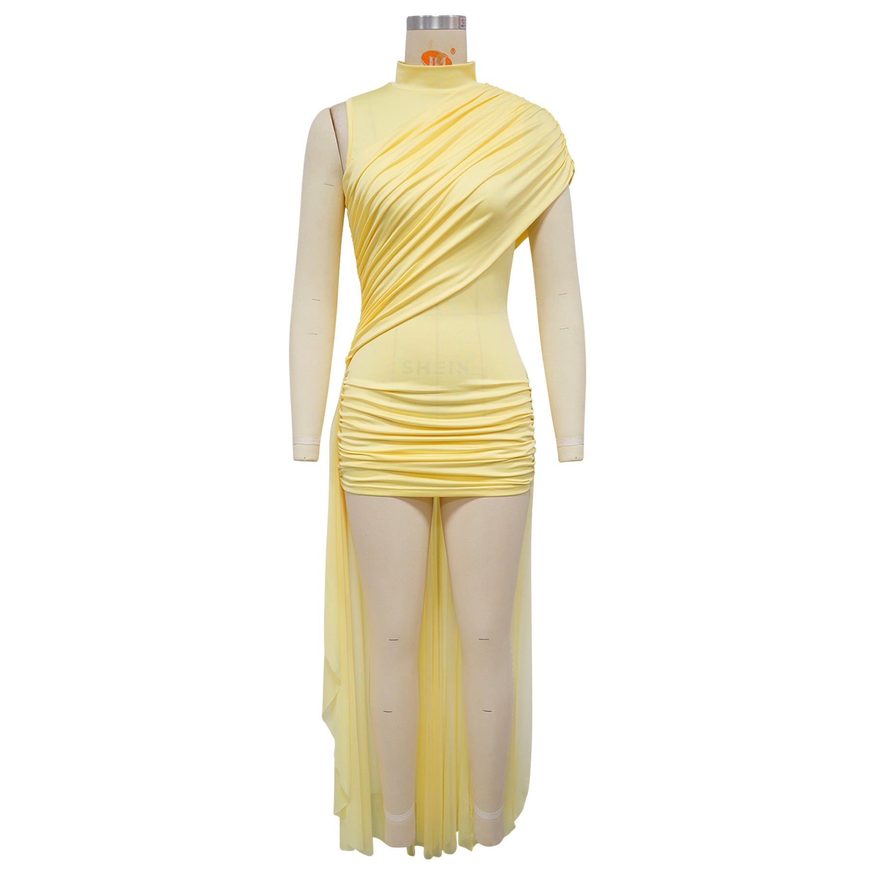 Women's Ruched Mini Dress with Long Train