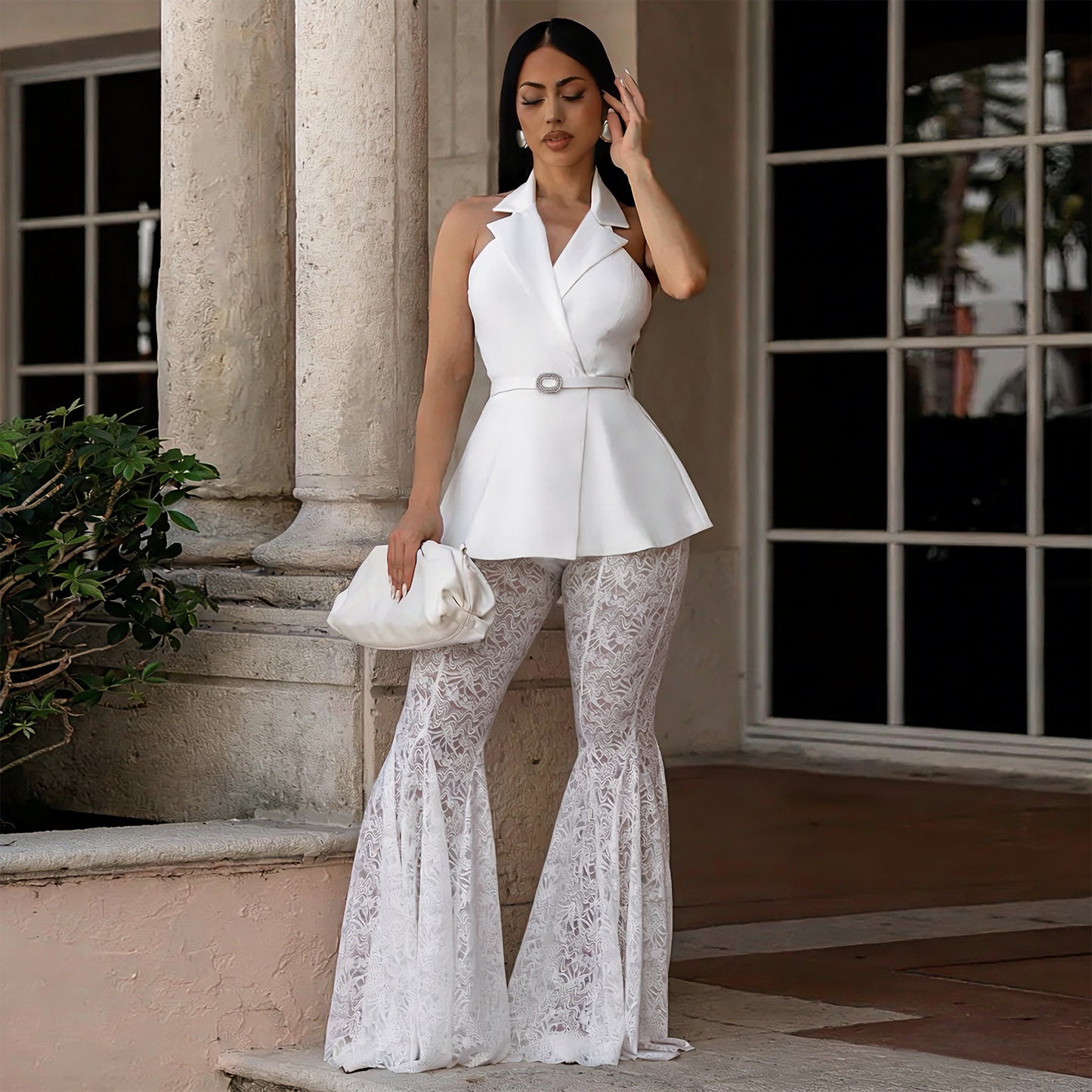 Women's Peplum Lace Flare Pants 2 Piece Set