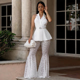 Women's Peplum Lace Flare Pants 2 Piece Set