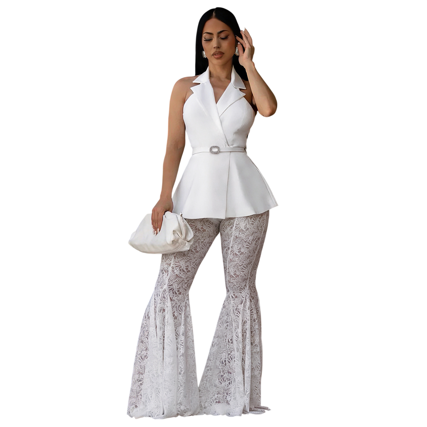 Women's Peplum Lace Flare Pants 2 Piece Set