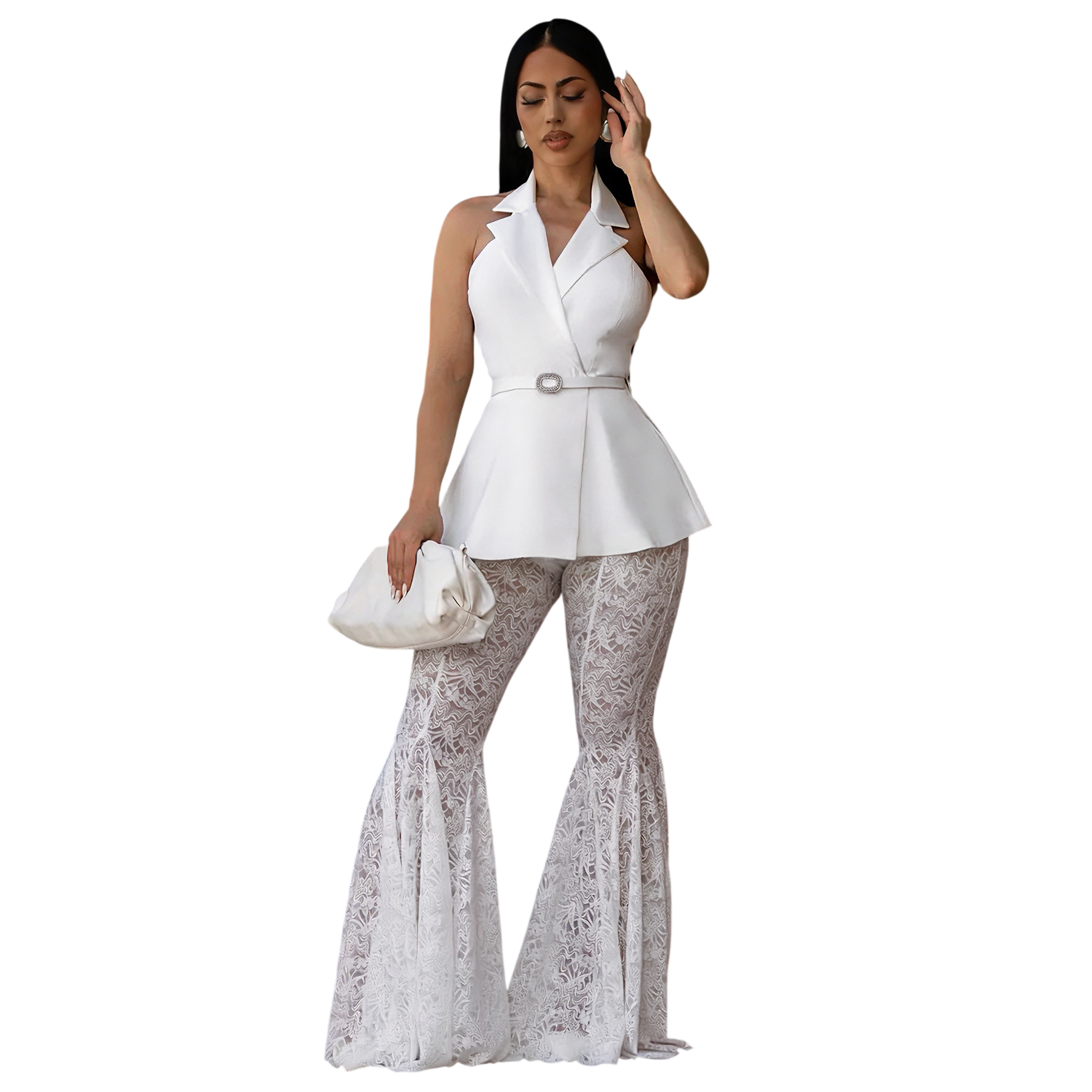 Women's Peplum Lace Flare Pants 2 Piece Set