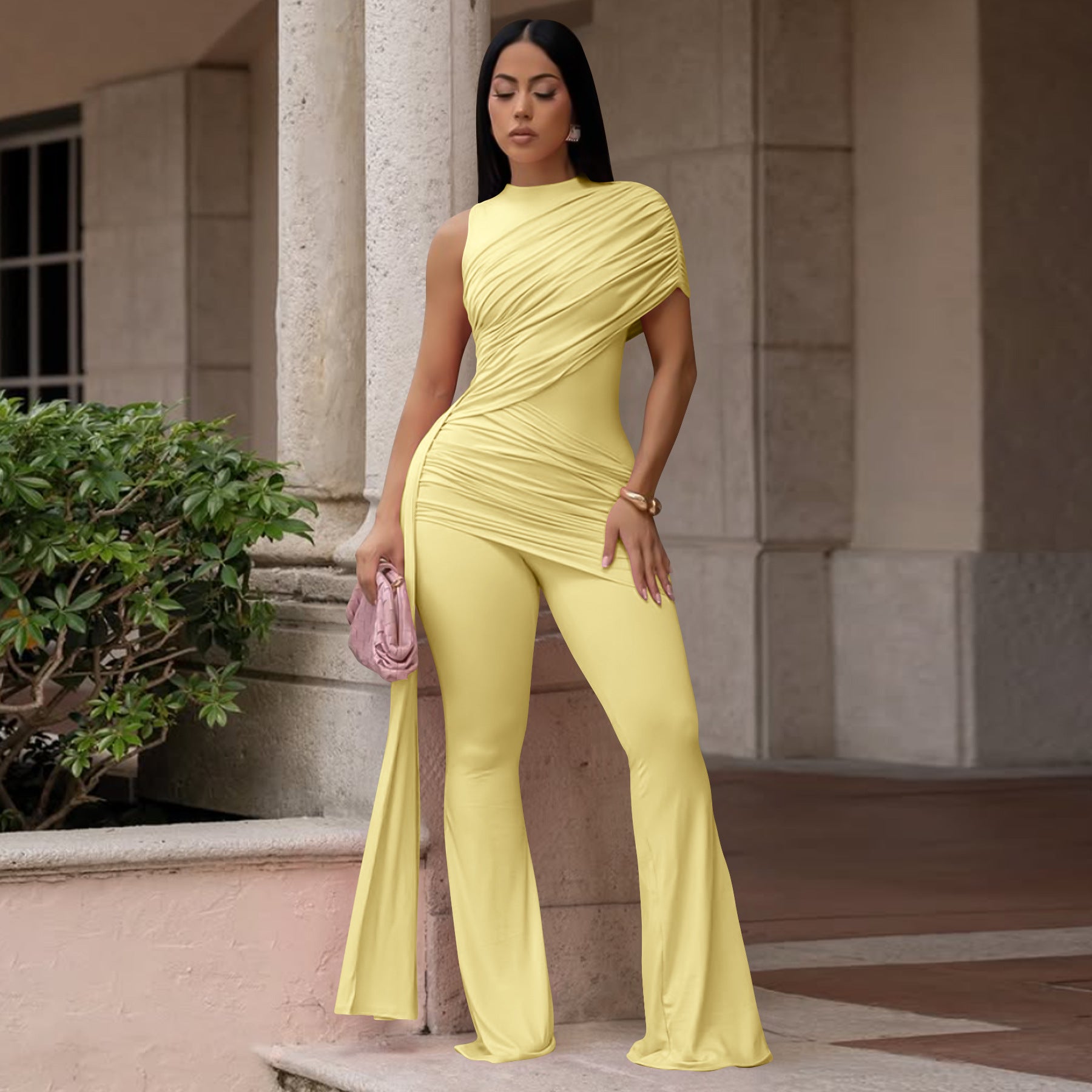 Women's Ruched Asymmetrical Flare Jumpsuit