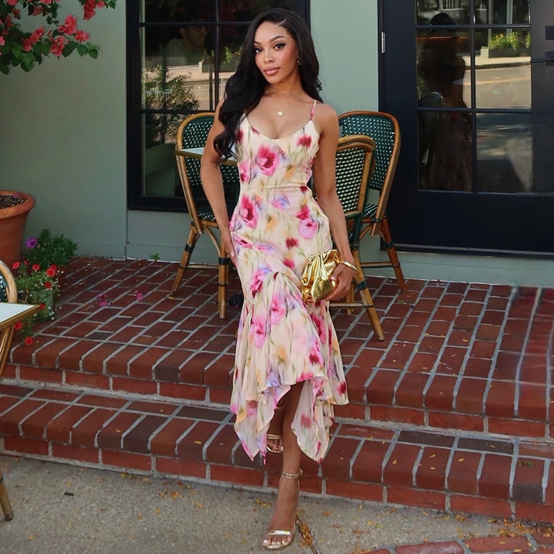 Women's Floral Ruched Asymmetrical Maxi Dress