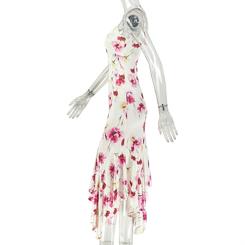 Women's Floral Ruched Asymmetrical Maxi Dress